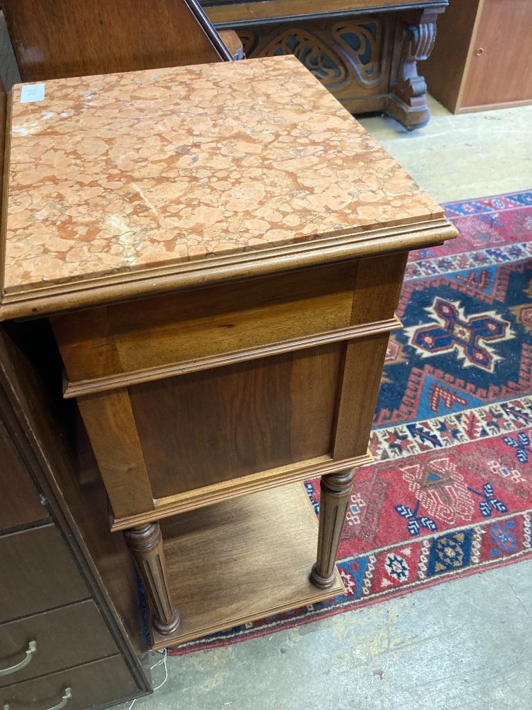 An early 20th century French marble top two tier bedside cabinet, width 42cm, depth 36cm, height 84cm